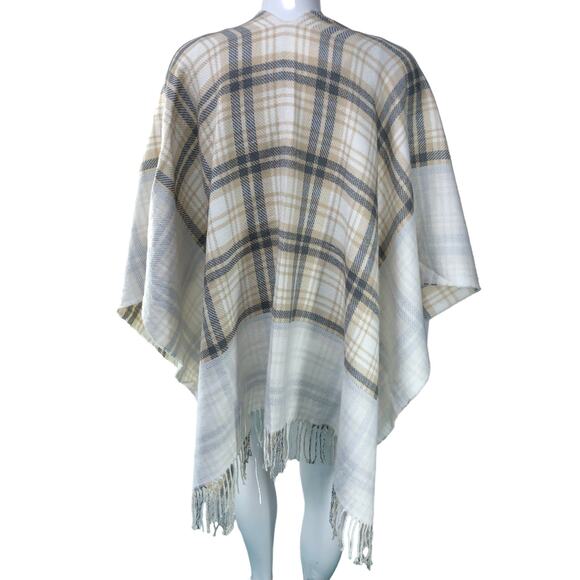 J Jill Womens One Size Poncho Sweater Wrap Plaid Acrylic Fringe Neutral Soft - Picture 7 of 14